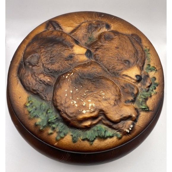 Tannereye Leathered Covered Box Bears on Lid Used - Picture 4 of 15